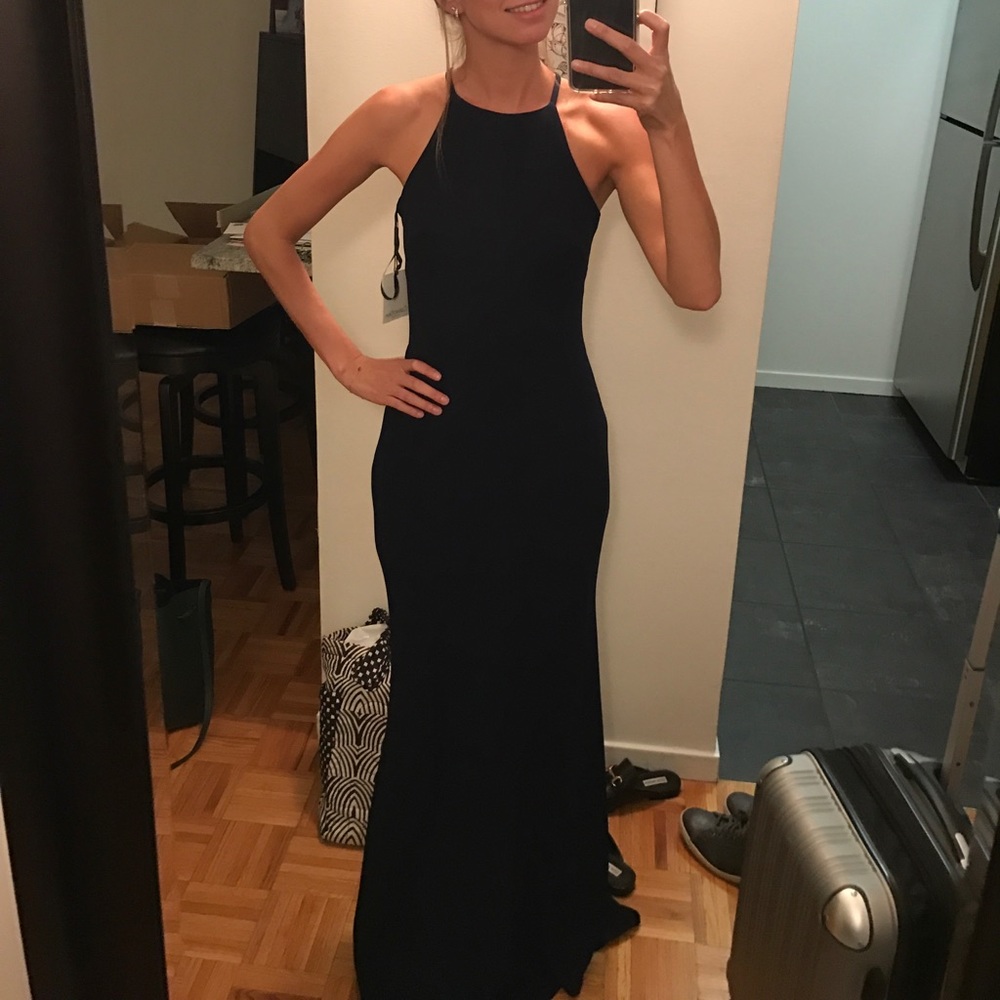 Calvin Klein Navy Crepe Halter Gown